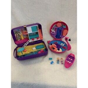 Polly Pocket Mattel Lot Beach Backpack & Flamingo FRY38 & FRY40 W/ Dolls 2017